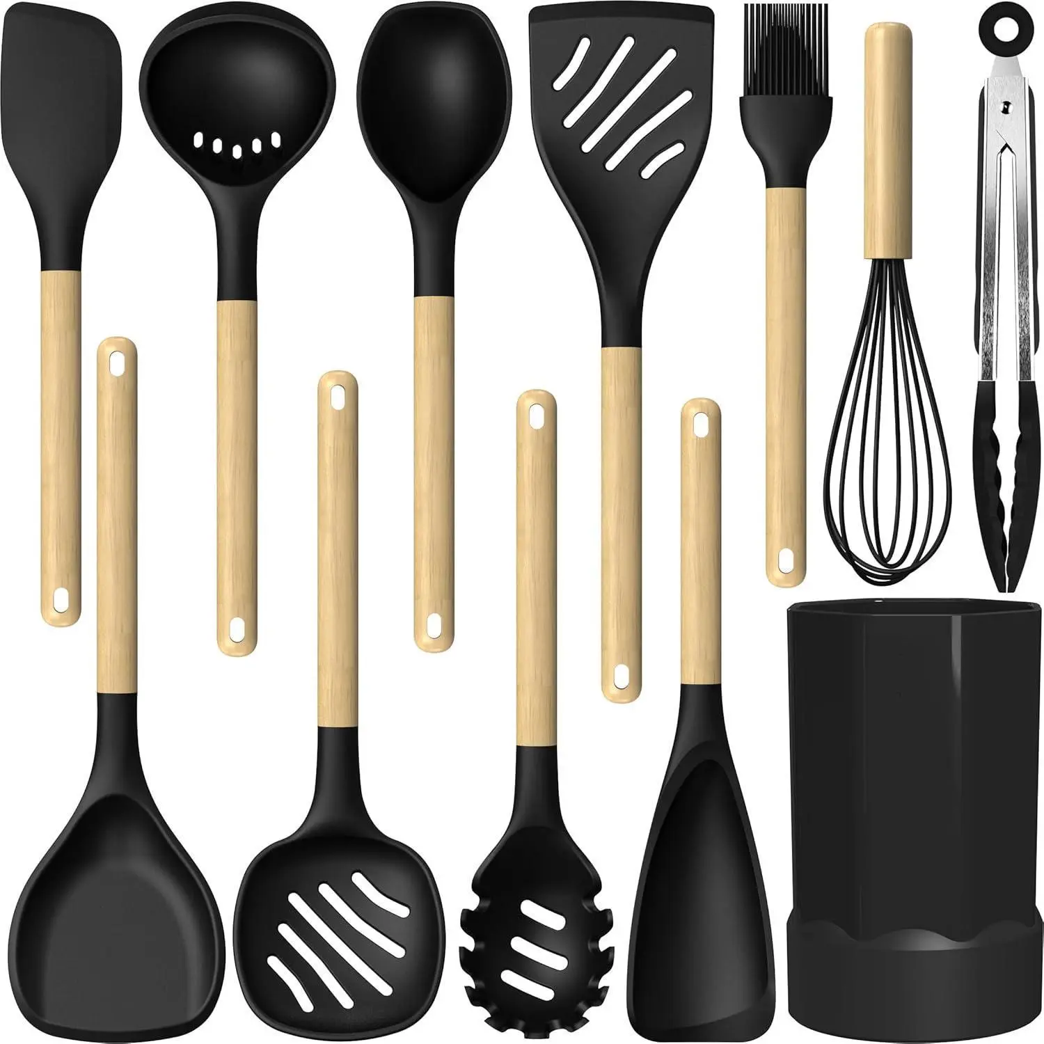 33 PCS Non-Stick Silicone Cooking Utensils Set - Heat-Resistant Kitchen Gadgets with Wooden Handle & Holder (BPA Free)