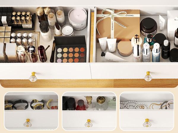 COMHOMA Makeup Vanity Desk with Mirror and Lights, Vanity Table and Chair Set with 5 Drawers and Charging Station, Bedroom Dresser LED Mirror Stepless Dimmable & 3 Color Modes Adjustable, Pure White