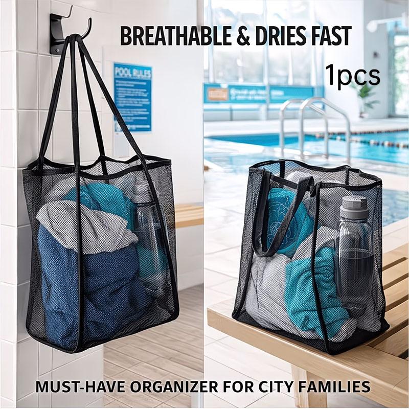 Large Capacity Mesh Beach Tote Bag, Solid Color with Durable Handles, Ideal for Travel, Beach, Vacation, Camping, Multi-Functional Storage Solution