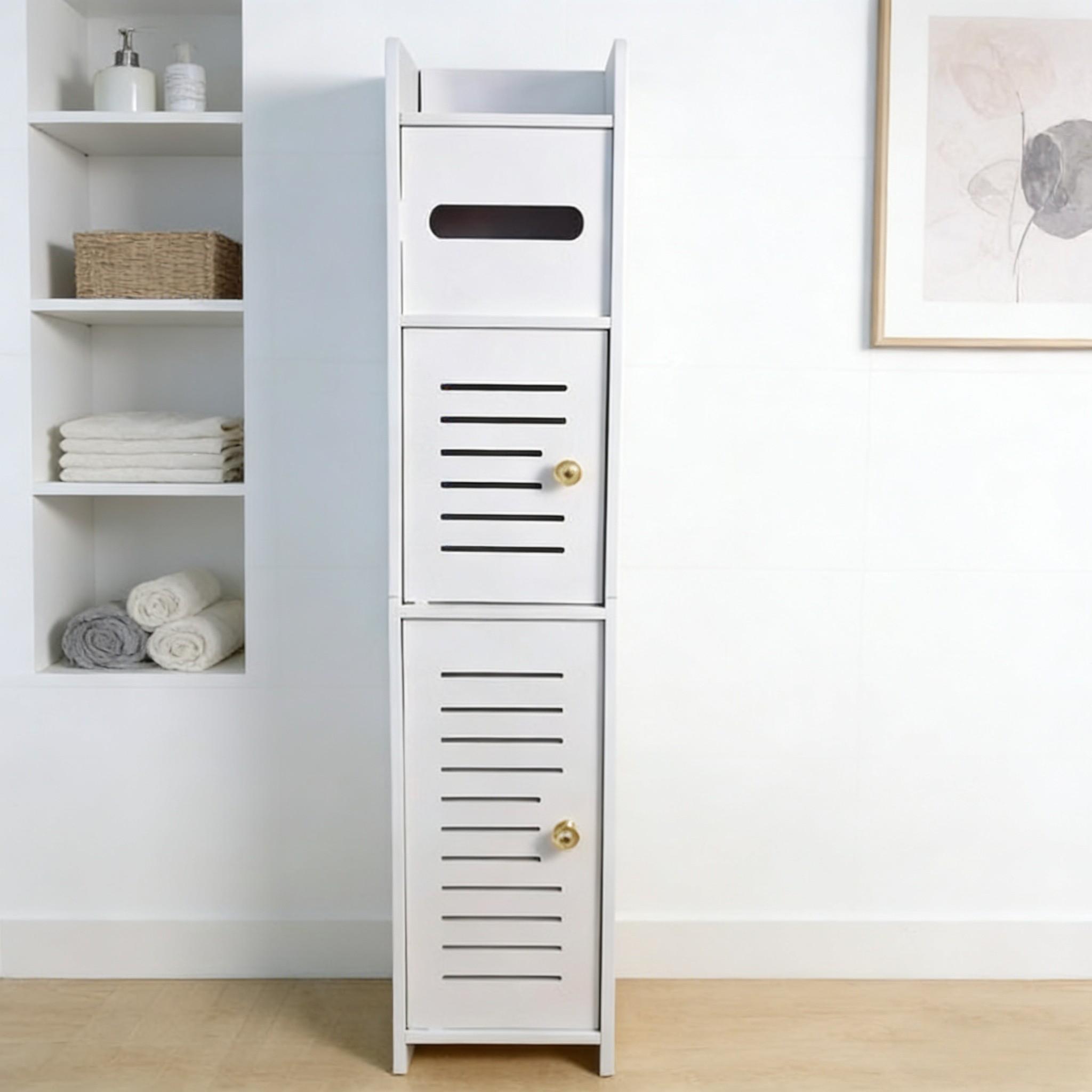 Narrow Bathroom Storage Cabinet with Door, Dust-Proof Top Flip Paper Holder, Minimalist Multi-Layer Design, Small Space Toilet Gap Shelf