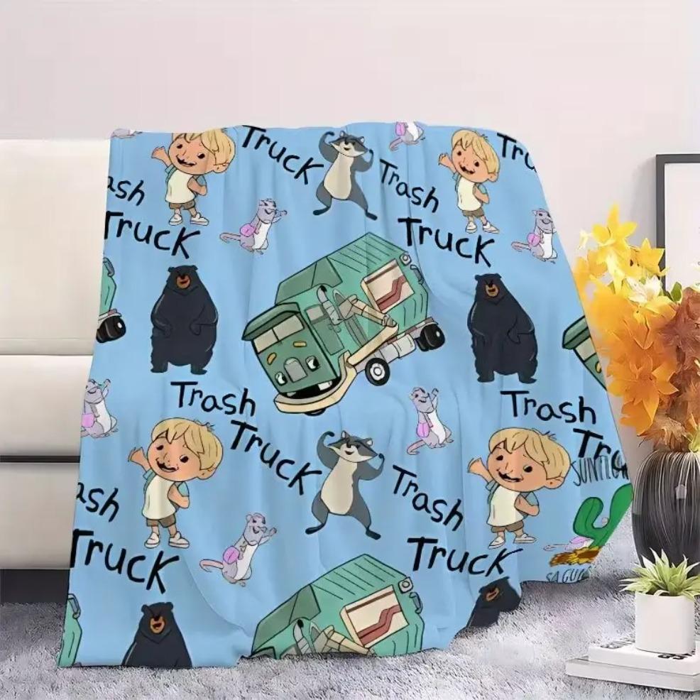 Trash Truck Adorable Cartoon Utility Vehicle Flannel Blanket, Soft Skin-Friendly Polyester Blanket, Baby Blankets and Adult Blankets, Warm Cozy Throw for Sofas, Beds, Camping, All-Season Textile Bedding, Perfect Birthday Holiday Gift for Kids and Family