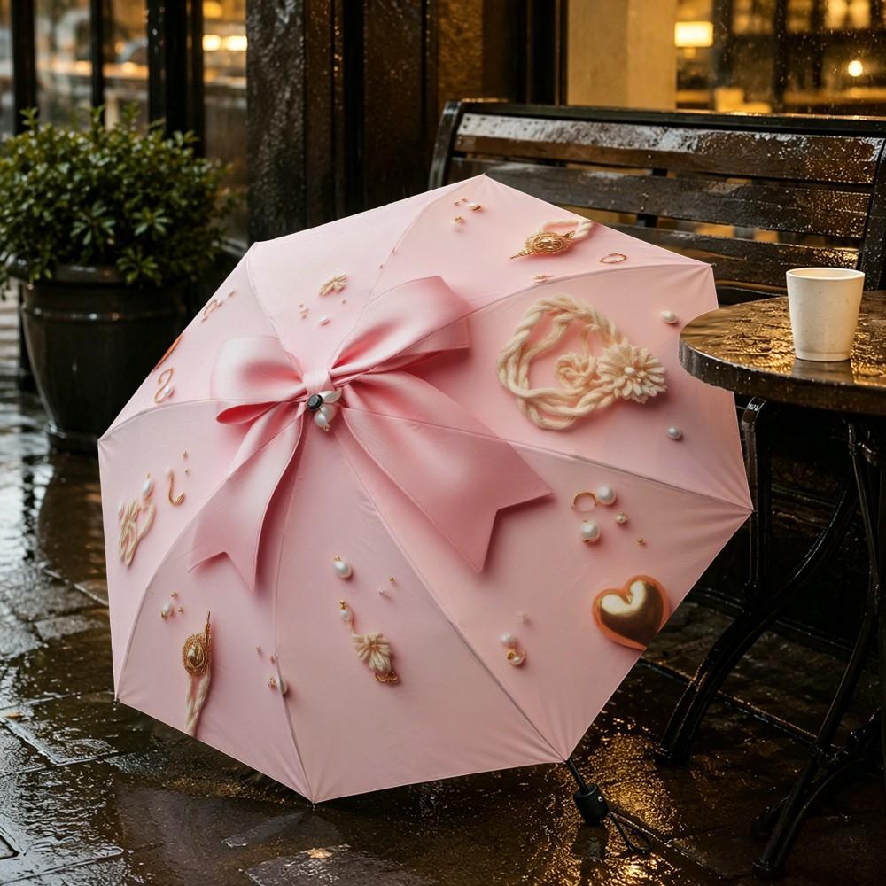 Bow Pearl Heart Folding Umbrella, Automatic Open, Iron Frame, Portable, Suitable for All Seasons, Travel, Office, Formal Events, Portable Outdoor Umbrella