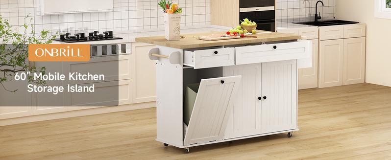 【Valentine's Day gift】ONBRILL 60" Kitchen Island with Power Outlet & Drop Leaf, Kitchen Rolling Island with Spice Rack & Towel Rack, Knife Holder, Kitchen Island Cart with Trash Storage Cabinet, Mobile Island Table for Kitchen