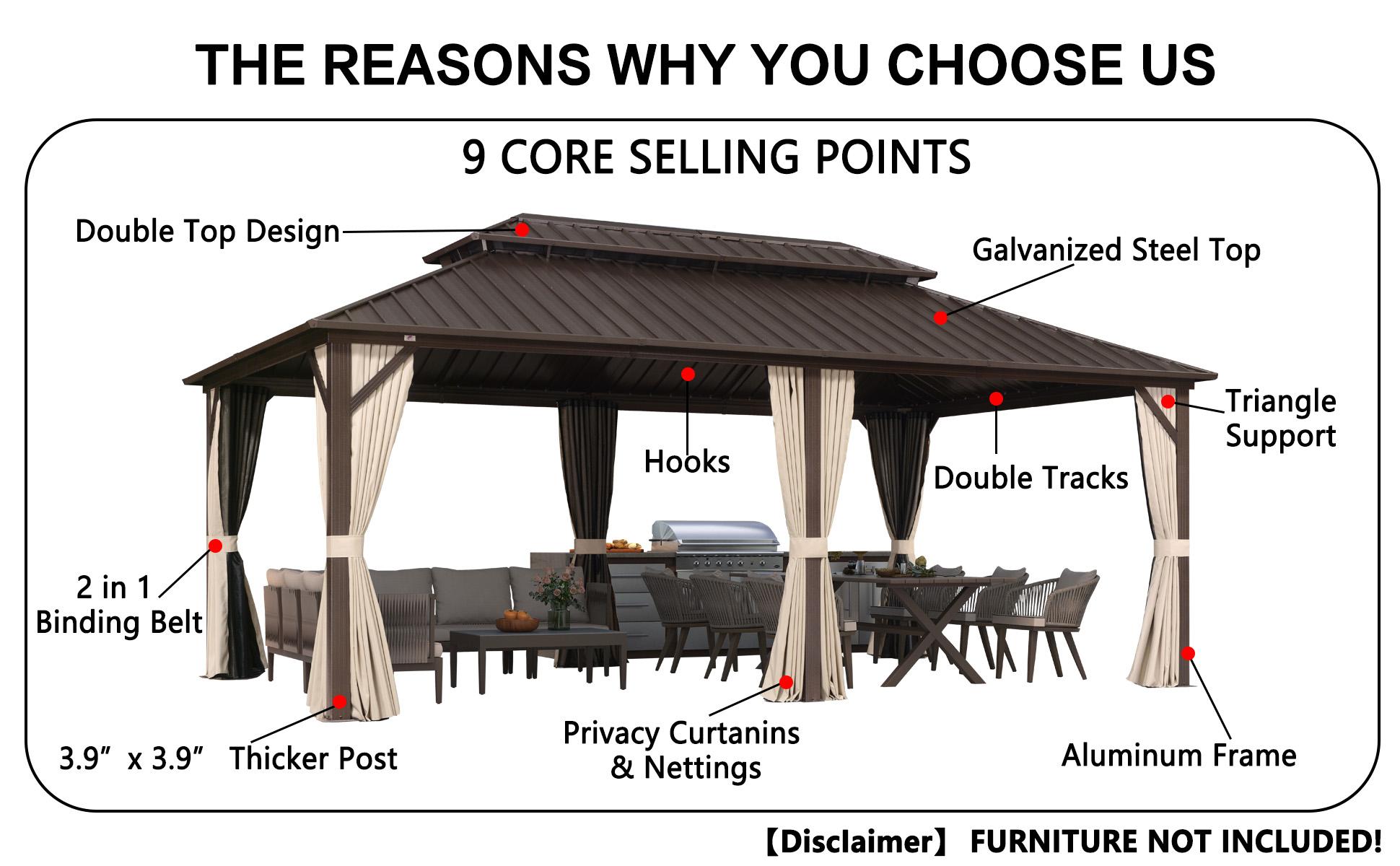 PURPLE LEAF Outdoor Hardtop Gazebo Bronze Metal Frame Galvanized Steel Double Roof with Lights-milky