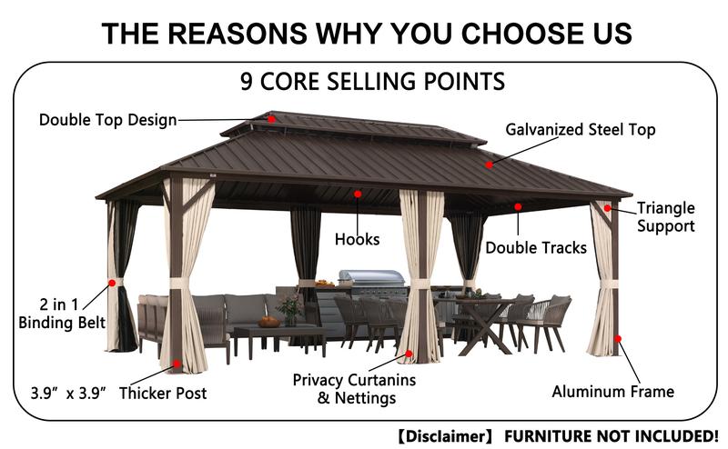 PURPLE LEAF Outdoor Hardtop Gazebo Bronze Metal Frame Galvanized Steel Double Roof with Lights-milky