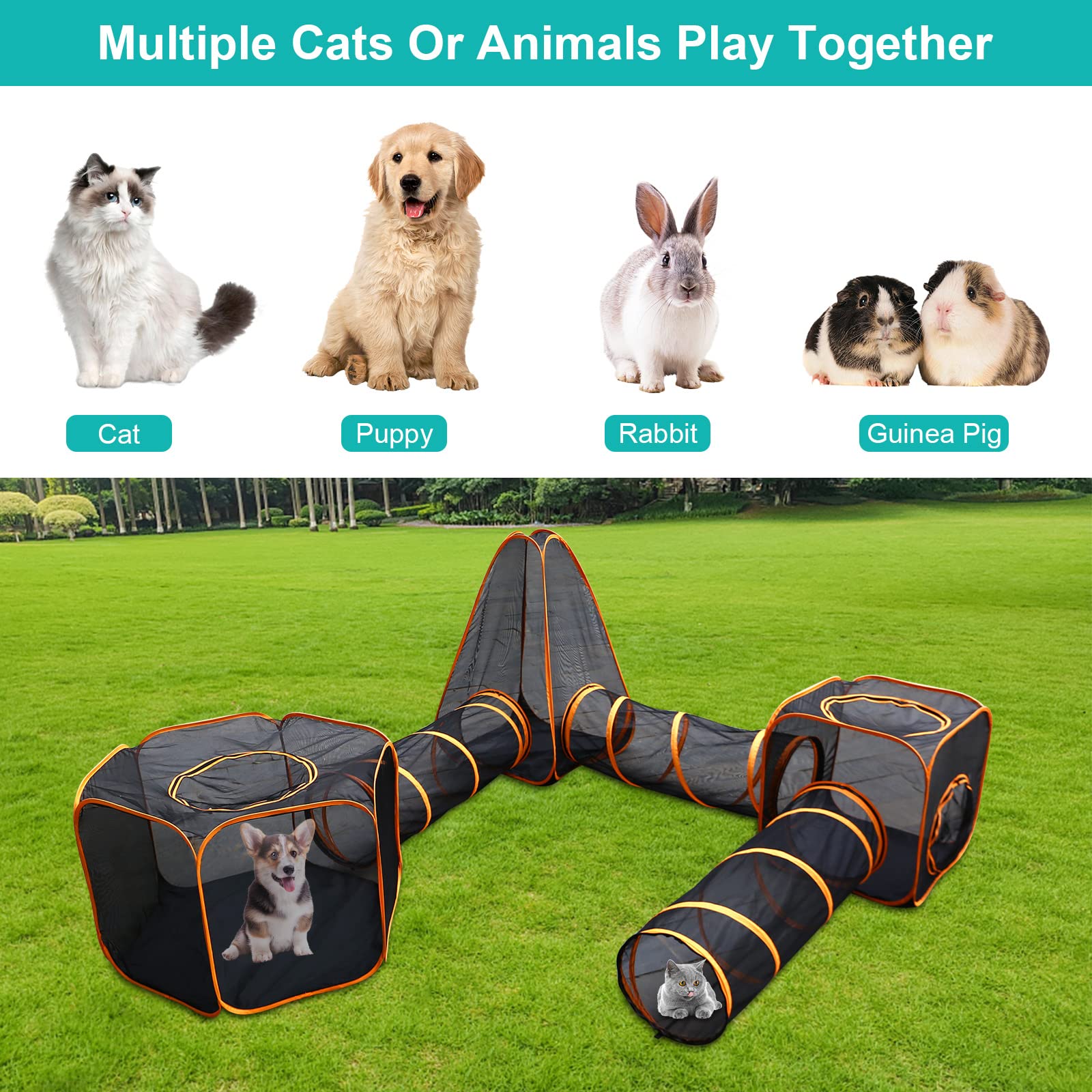Outdoor Cat Enclosures, 6-in-1 Outdoor Cat Tent with Cat Tunnel DIY in Multiple Ways, Cat Playpen Play Tents for Cats Rabbits Ferrets and Small Animals, Indoor/Outdoor Cat House
