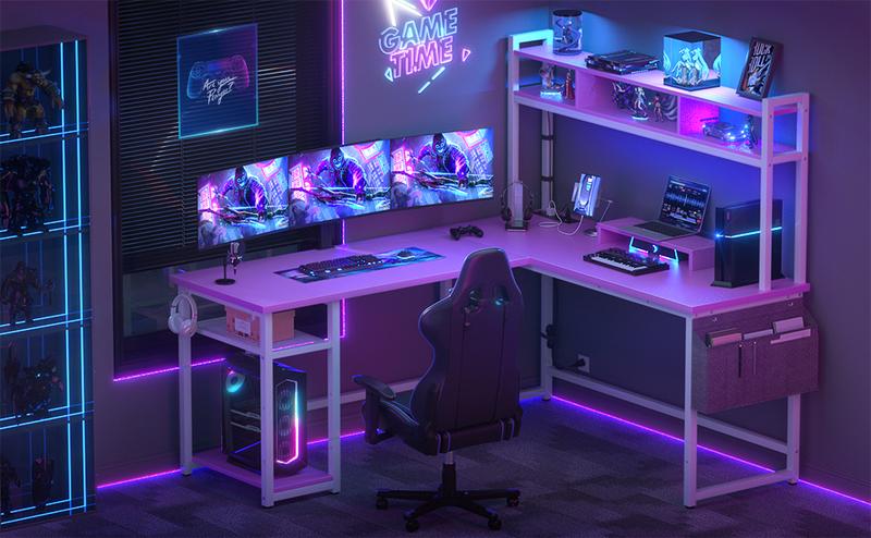 L Shaped Gaming Desk with Power Outlets & LED Lights, Small L- Shaped Desk Computer Corner Desk with Monitor Stand & Storage Shelf,