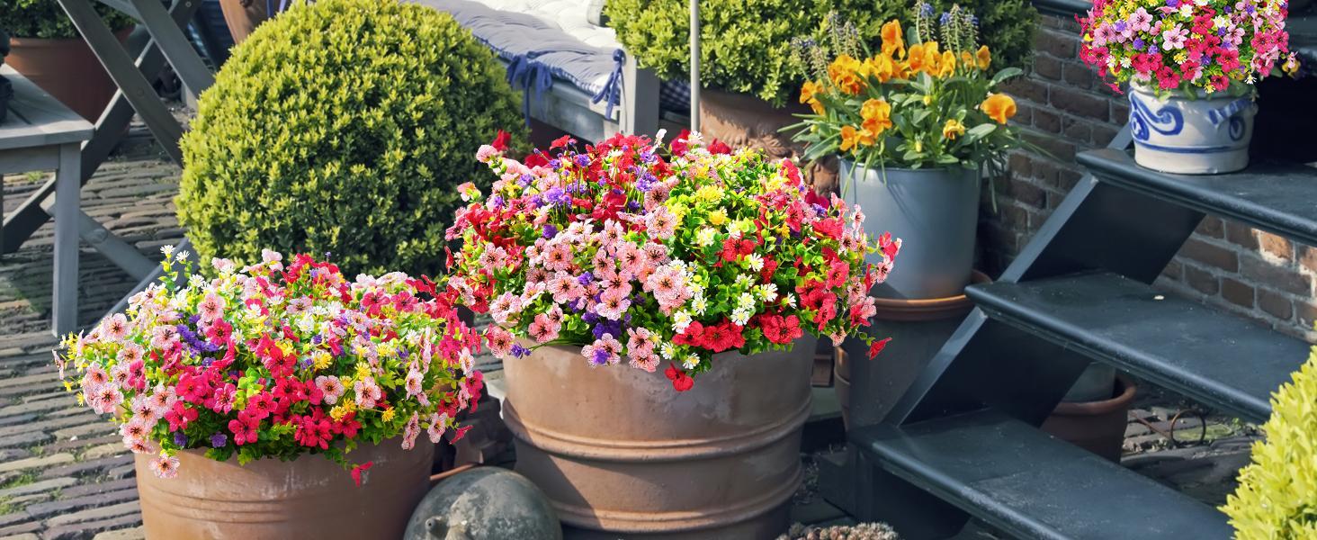 Artificial Flowers for Outdoors, 12 Bundles Fake Outdoor Flowers Faux Plants, UV Resistant Artificial Plants & Flowers for Decoration, Outdoor Fake Flowers for Porch Garden Decor