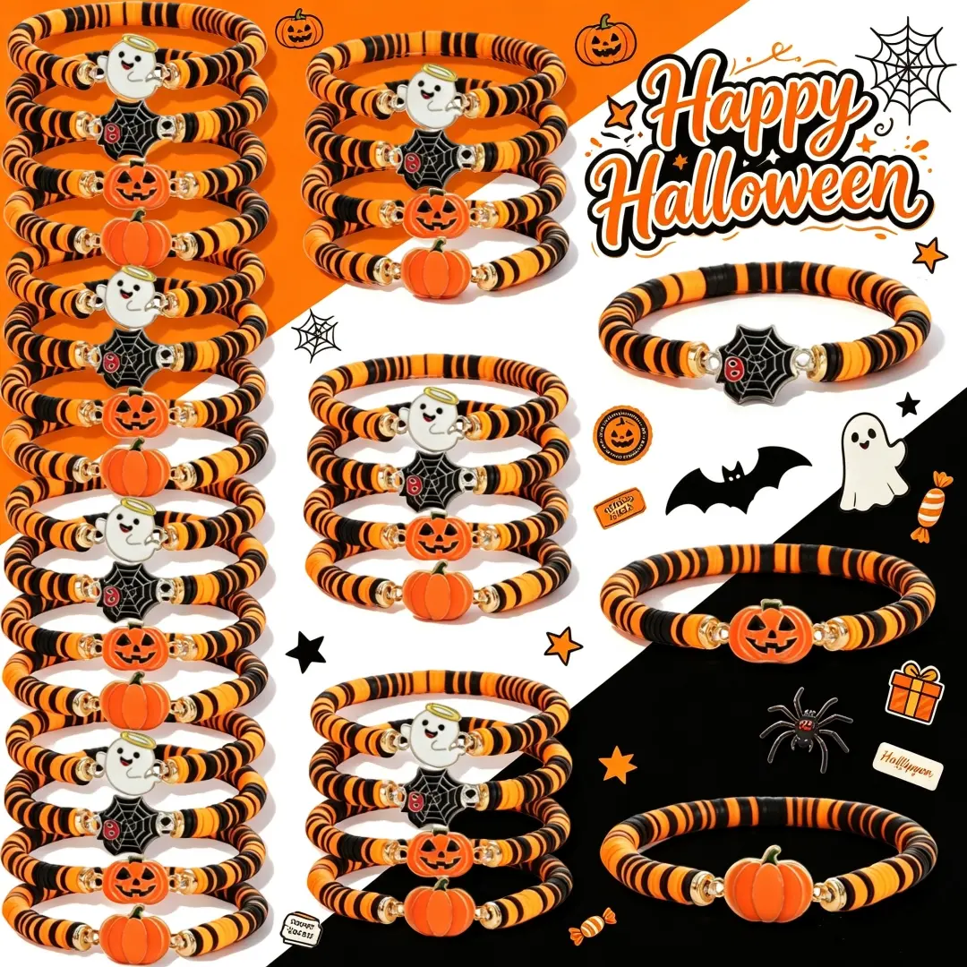 22/30Pcs Halloween Polymer Clay Beaded Bracelets for Men & Women, Cute Pumpkin Enamel Charm Stretch Bracelets, Black Orange Striped Stackable Wristbands, Halloween Party Costume Accessories Holiday Jewelry Gift Sets