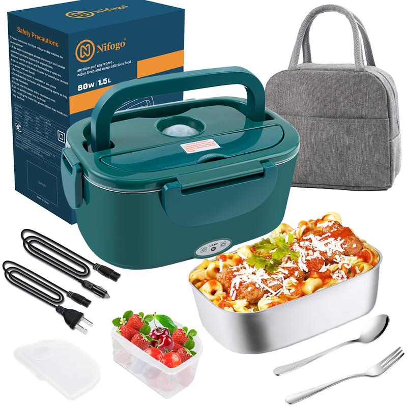 Nifogo Electric Lunch Box for Adults 80W Food Warmer Lunch Box 1.5&1.8L Stainless Steel Container&Bag Tableware 12V/24V/110V for Car/Truck/Work