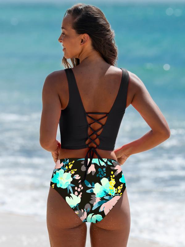 Popvil Back Tie Floral Watermelon Red Tankini Set,U Neck Solid Vest&Tummy Control High Waisted Bikini Bottoms for Women, Neon Bathing Suit,dealsforyoudays