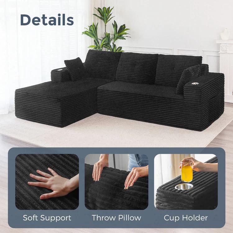 [Hot Sale]MAXYOYO 104" L-Shape Sectional Sofa, Corduroy Cloud Modular Couch, 104"*65"*31.5", 2 Cupholders Design, Cozy for Living Room or Apartment