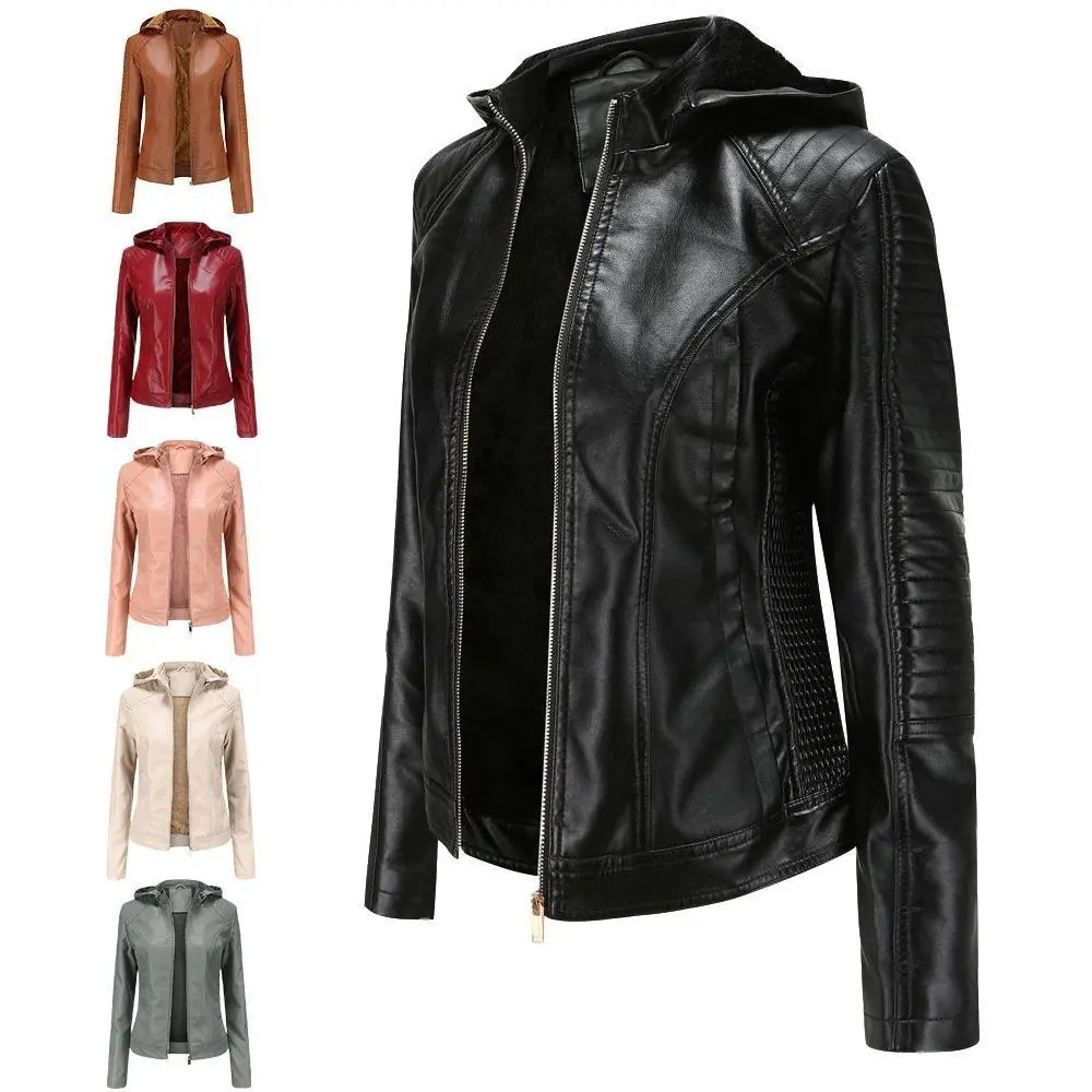 Women's fleece-lined leather jacket, Korean style fashionable zippered hooded jacket, vintage street style, thickened and warm long-sleeved slim-fit casual jacket, winter warm zippered hooded jacket