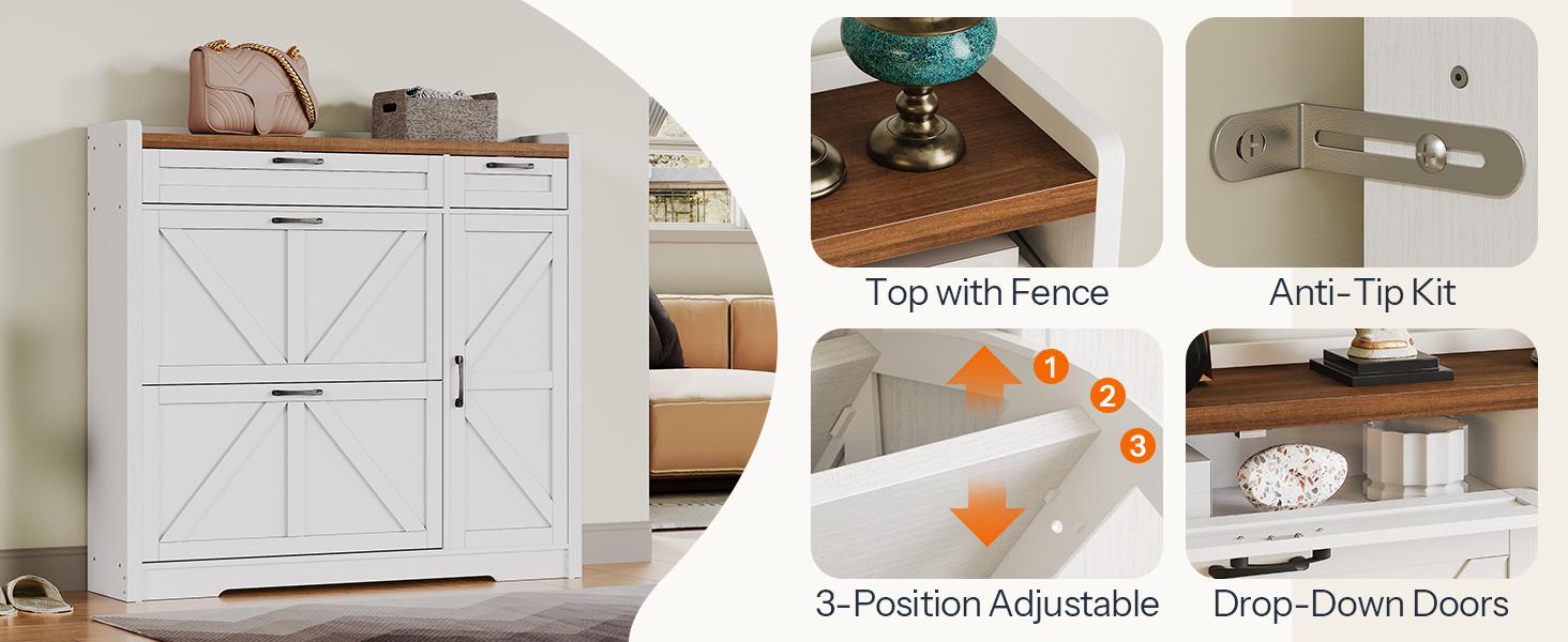 HOOBRO Farmhouse Shoe Storage Cabinet, Shoe Cabinet Storage for Entryway, Freestanding Shoe Organizer with 2 Flip Drawers, Narrow Shoe Cabinet with Adjustable Side Cabinet, White and Walnut#springtok