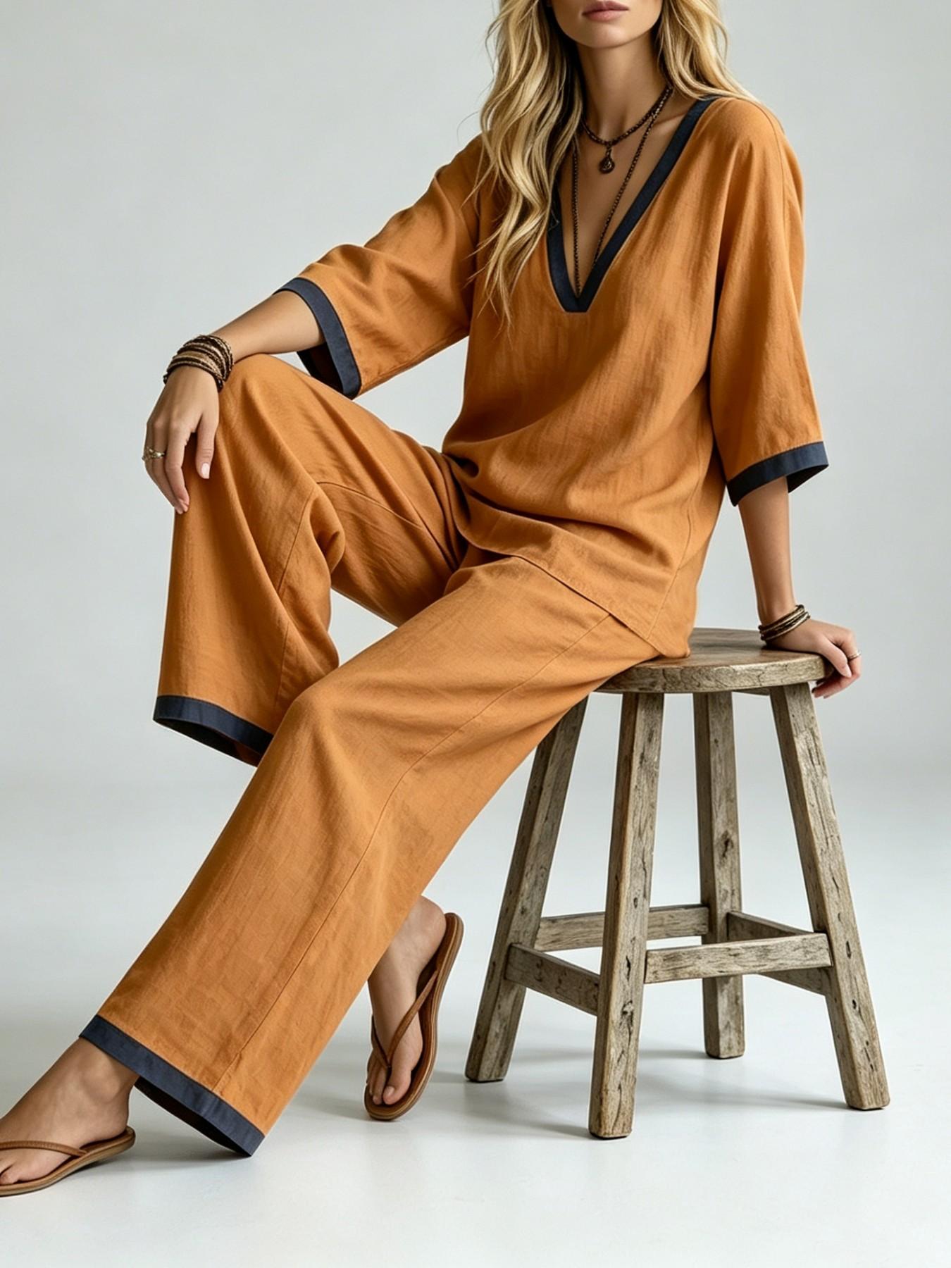 2026 Summer Women's Solid Color Two Piece Set, V Neck Half Sleeve Top, Loose Fit Long Pants, Casual Daily Streetwear, Co-Ord, Outfit