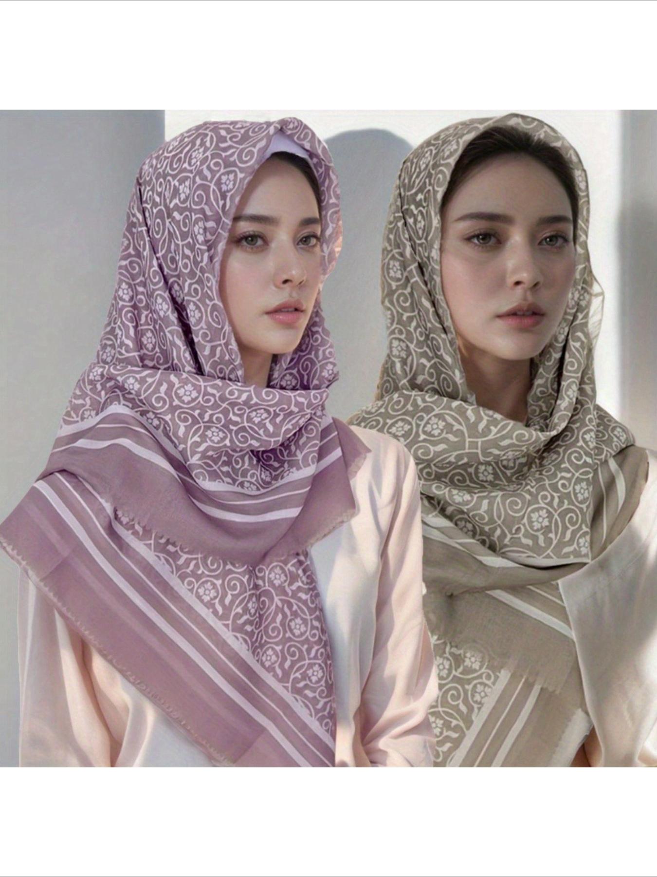 1pc 110*110cm Laser Cut Edging White Dainty Floral Print Large Square Bandana, New Bohemian Style Linen Soft Light Breathable Wavy Hem Head Wrap Hijab Shawl Floral Combination Print Balinese Chiffon Square Bandana Shawl