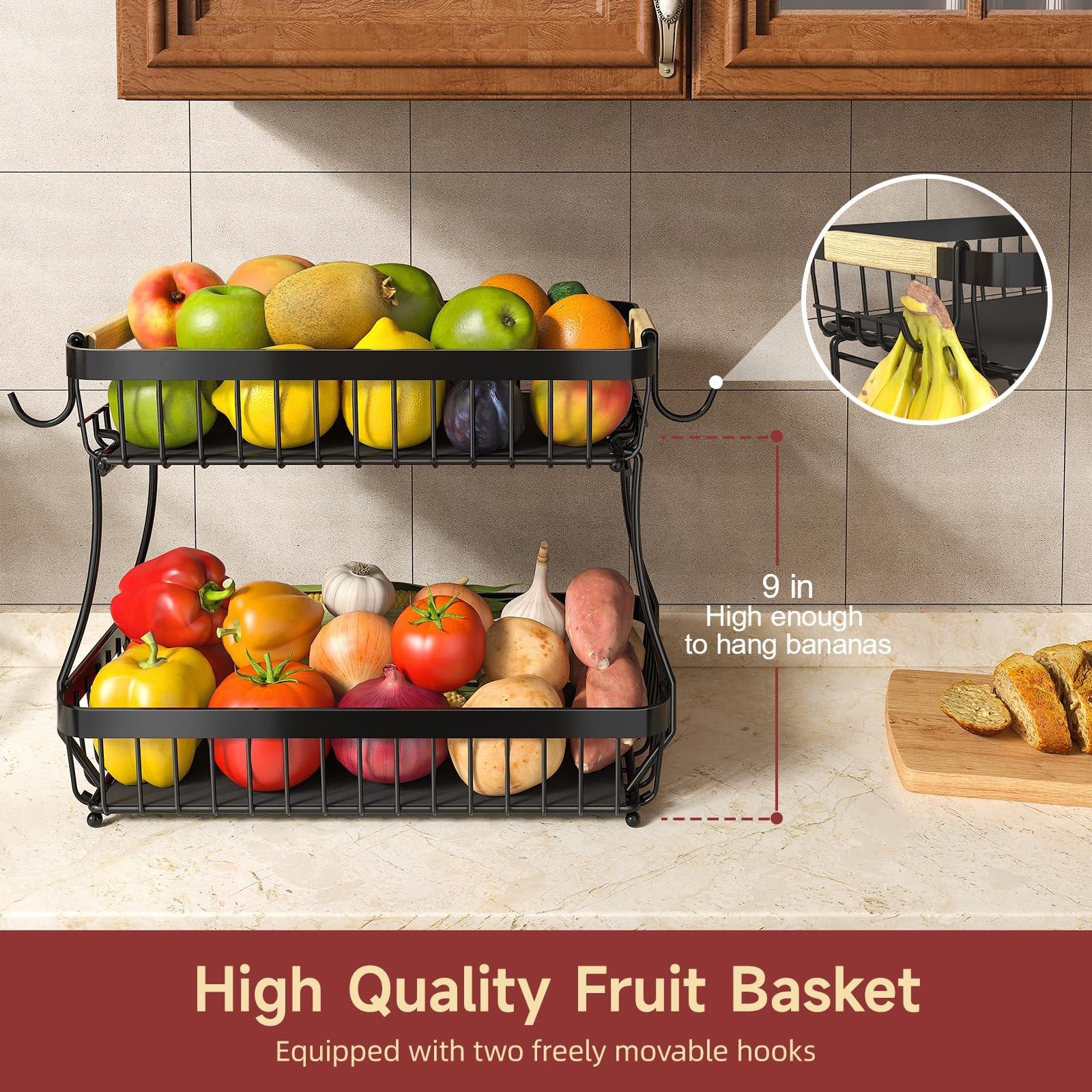 Double Layer Large Fruit Basket, Kitchen Countertop Organizer, Includes Two Removable Banana Hooks, Durable Storage Solution