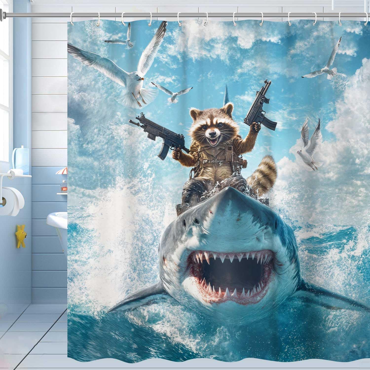 Funny Cat Knight Riding Shark in Space Battle Shower Curtain - Humorous Cat Laser Gun Galaxy Print, Waterproof Fabric Bath Curtain with 12 Hooks | Novelty Kids Bathroom Decor #showercurtain #catmeme #sharkdecor #spacecat #funnybathroom