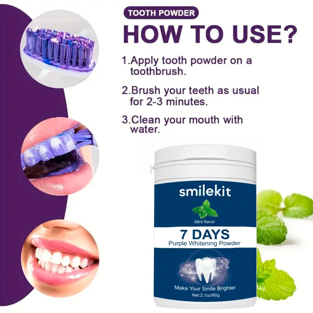 1-PACK Purple Whitening Tooth Powder, Deep Cleaning Oral Freshness, Teeth Whitening, Teeth Brightener, Portable Home Travel Use, 60g, 7 Days Whitening