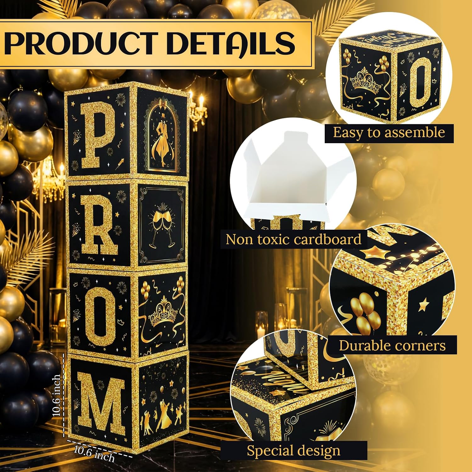 4 count Prom Decorations Boxes, Prom Night Glitter Balloon Boxes, Grad Box with Letter for Elegant Photo Booth & Party Decor, Formal Events, Graduations Senior Night Decor()