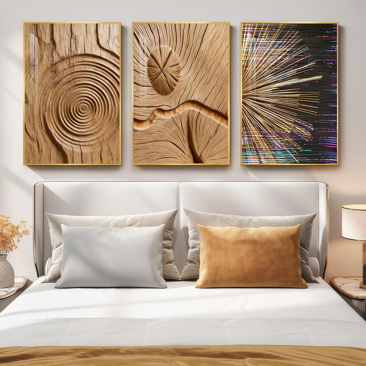 3 Counts Aluminum Alloy Framed Painting, Abstract Wood Texture And Light Burst Art, Home Decoration For Living Room, Bedroom, Office, Restaurant, Hallway Wall Decor, Odorless Print Artwork, Luxury Perfect Gift For Friends And Family