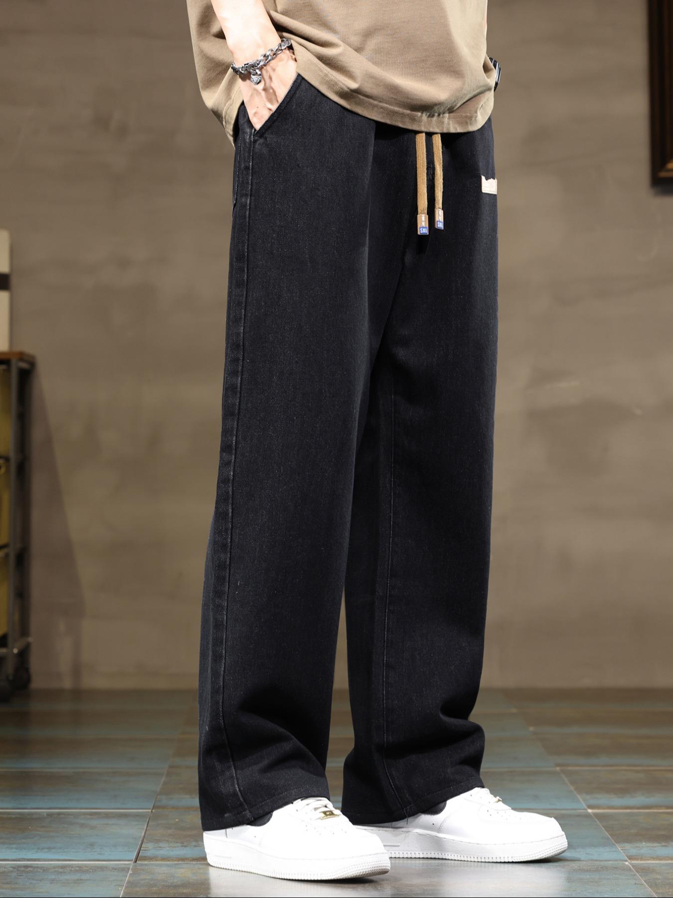 Men's Drawstring Elastic Waist Straight Leg Jeans Set, Casual All Season Wear, Fitted Plain Design, Natural Waist Style