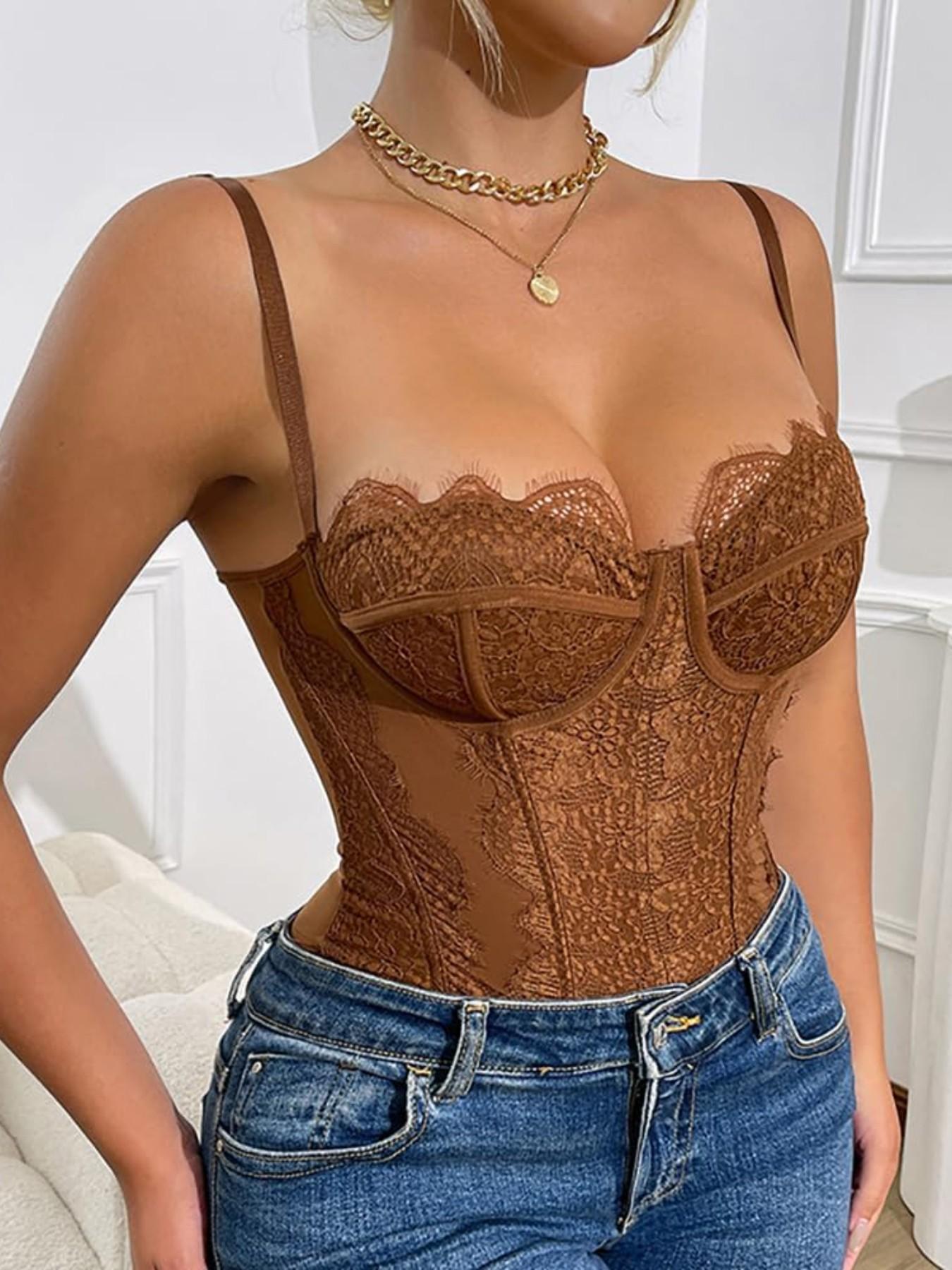 WindShape 1pcs Solid Color Lace Patchwork Bodysuit with Steel Ring Transparent Inner Tank Top Hollow Out Design Y2K Fishbone Style