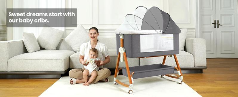 3 in 1 Bassinet Bedside Sleeper, Bedside Crib with Wheels, Mosquito Net, Mattress, 6 Height Adjustable Baby Bed for Infant Newborn (Grey)
