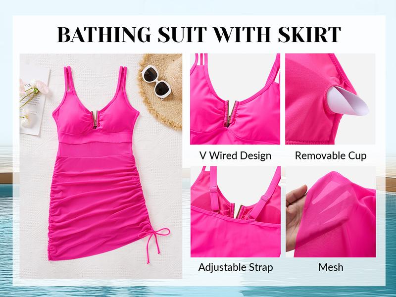 Yonique Womens Swim Dress One Piece - Swimsuit with Skirt Tummy Control Bathing Suit Mesh V-Wire Cutout Swimwear 2026