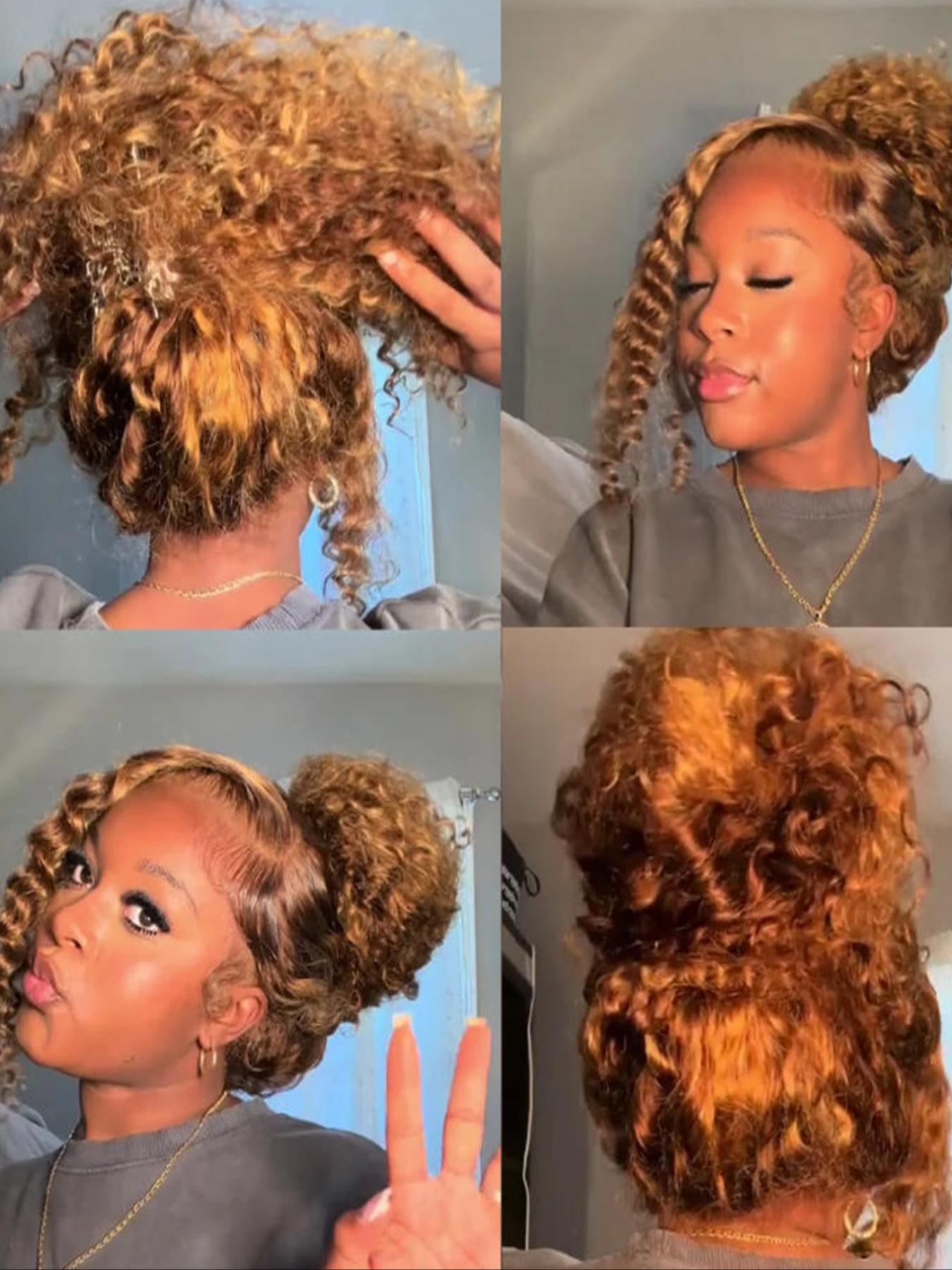 Invisible Drawstring 360 Full Lace Wig Glueless Kinky Curly Human Hair Wigs Hidden Adjustable Strap P4/27 Highlight Transparent Lace Frontal Wig Pre-Plucked With Baby Hair Can Make Ponytail And Bun Multicolor For Women Deep Curly