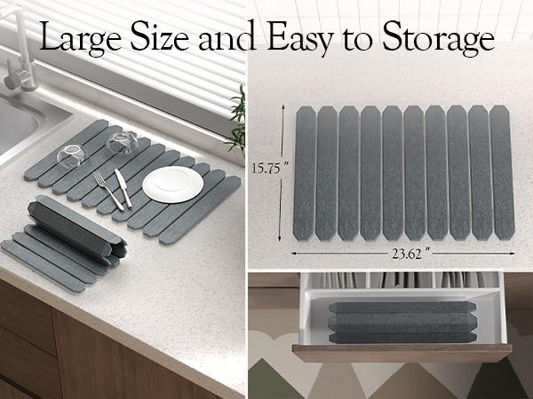 Msercuor Large Stone Dish Drying Mat 24"x16" Diatomaceous Earth Collapsible Quick Drainage for Kitchen Counter with Sanding Paper & Anti-Slip Pad Coasters Tableware
