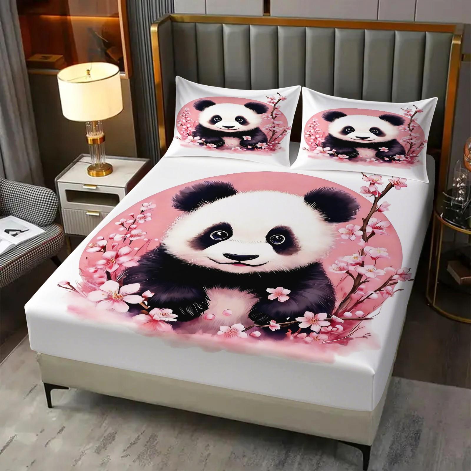 Cute Panda Cherry Blossom Fitted Sheet Set, Watercolor Floral Panda Bedding for Girls, All Season Panda Bedding, Perfect Gift for Panda Lovers