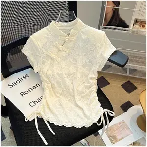 Chinese Style Qipao Lace Blouse, Vintage Mandarin Collar Slim Fit Summer Top with Vintage Chinese Knot Buttons T-shirt