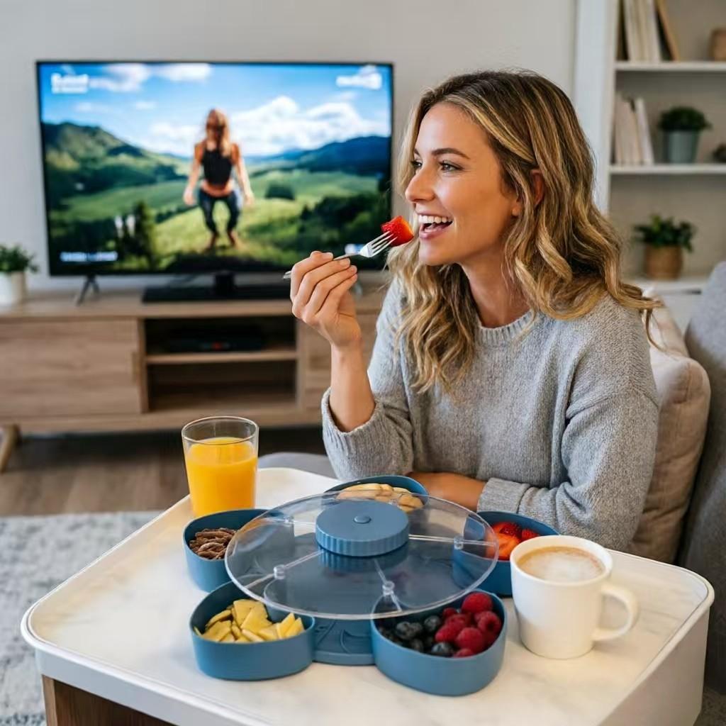 Rotating Divided Serving Tray with Spinning Lid, Multi-Compartment Food Organizer, Portable Travel Snack Box, Ideal Hostess Gift