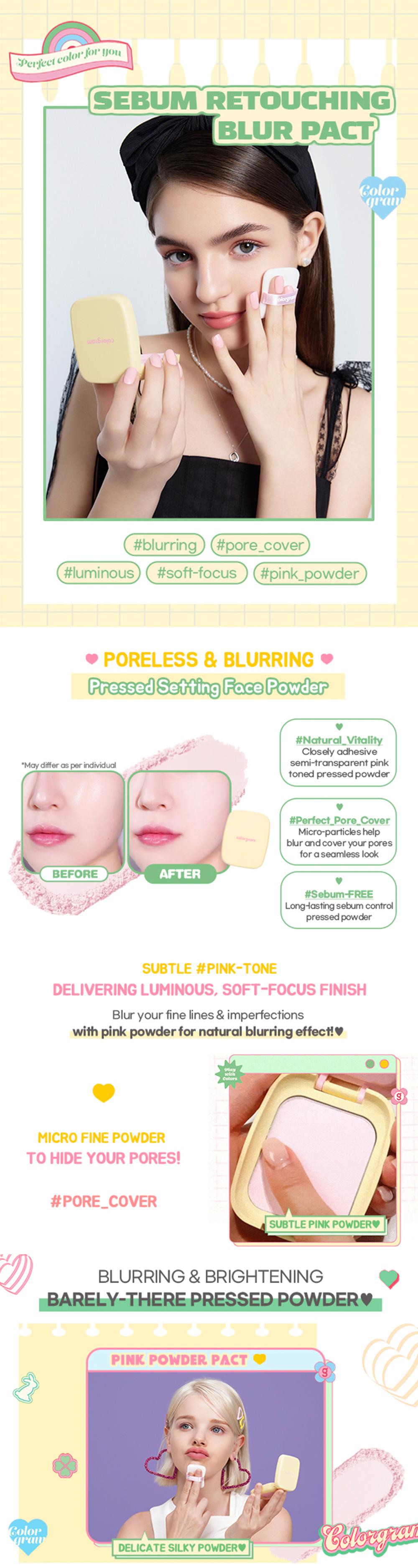 Colorgram Sebum Blur Pact Powder | lightweight pressed powder for poreless, oil-free skin | K-Beauty Makeup