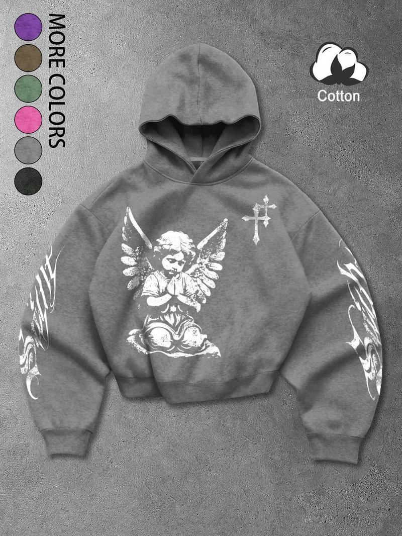 Unisex Vintage Street Style Angel Prayer Hoodie with Distressed Cross Print, Loose Gothic Sweatshirt for Trendy Couples and Fashion Enthusiasts