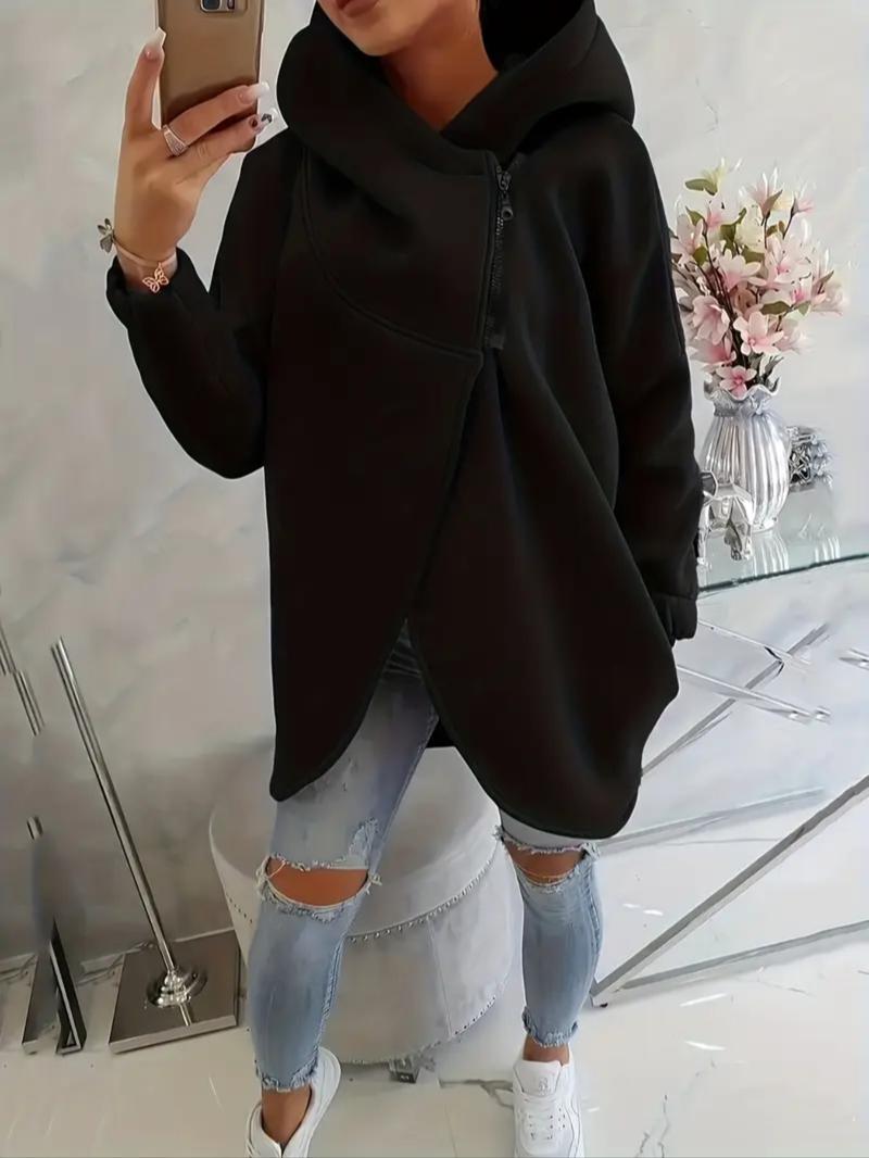 Women's Plus Size Hooded Sweatshirt, Full Zip Fashion Design, Asymmetrical Hem, Breathable Thick Fleece, Loose Fit Long Sleeve Pullover