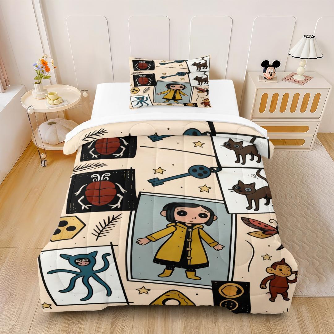 Coraline Pattern Bedding Set, Includes 1 Quilt and 1 or 2 Pillowcases Without Pillows, Soft Kids and Adult Bedroom Gift