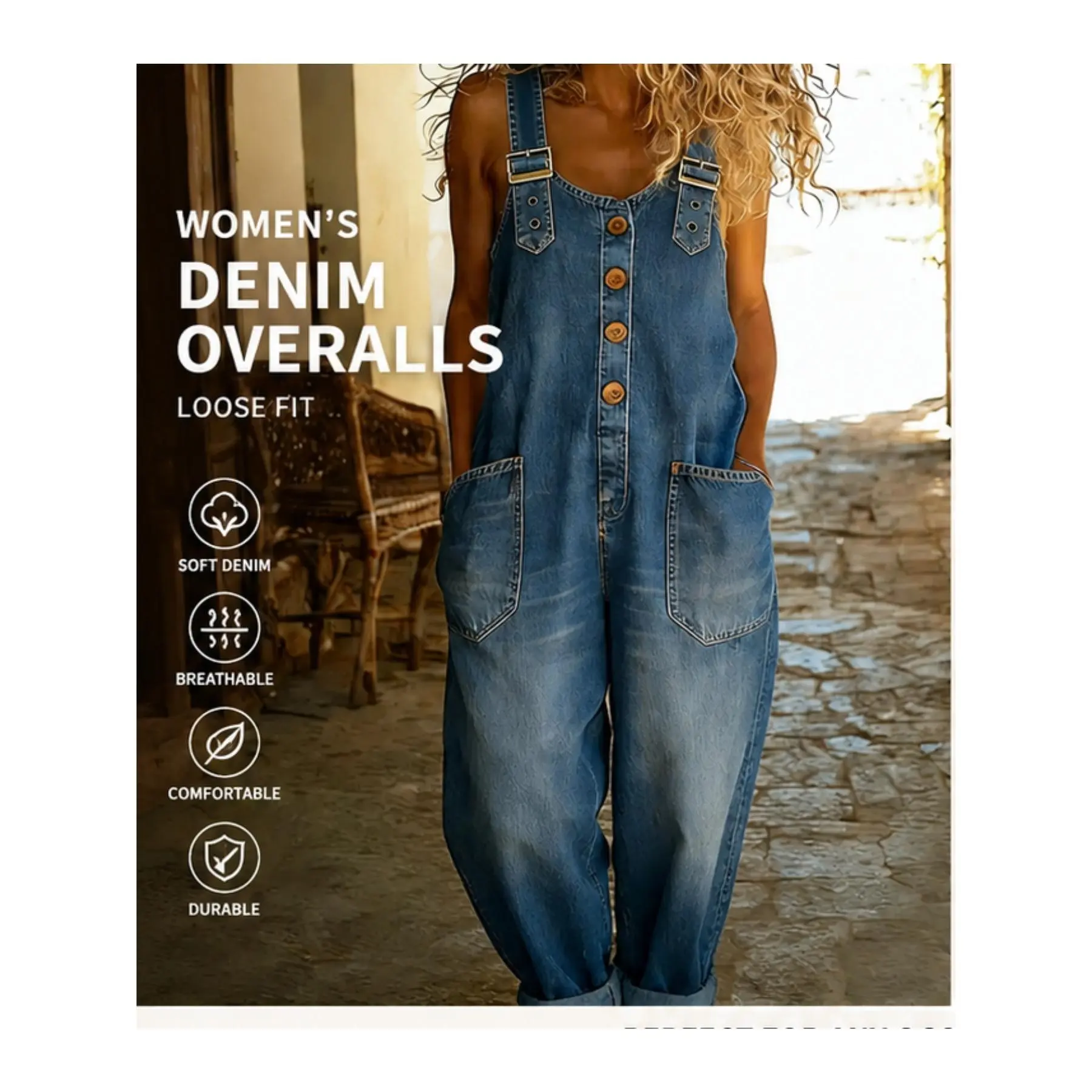 Women's Oversized Crop Denim Overall Shortalls - Denim Fabric, Comfortable Loose-Fit, Adjustable Strappy Bib, Front Buttons, Large Front Pockets, Sleeveless Top & Short Pants, Everyday Style for Summer Vacation, S-XXL Sports Clothing Set