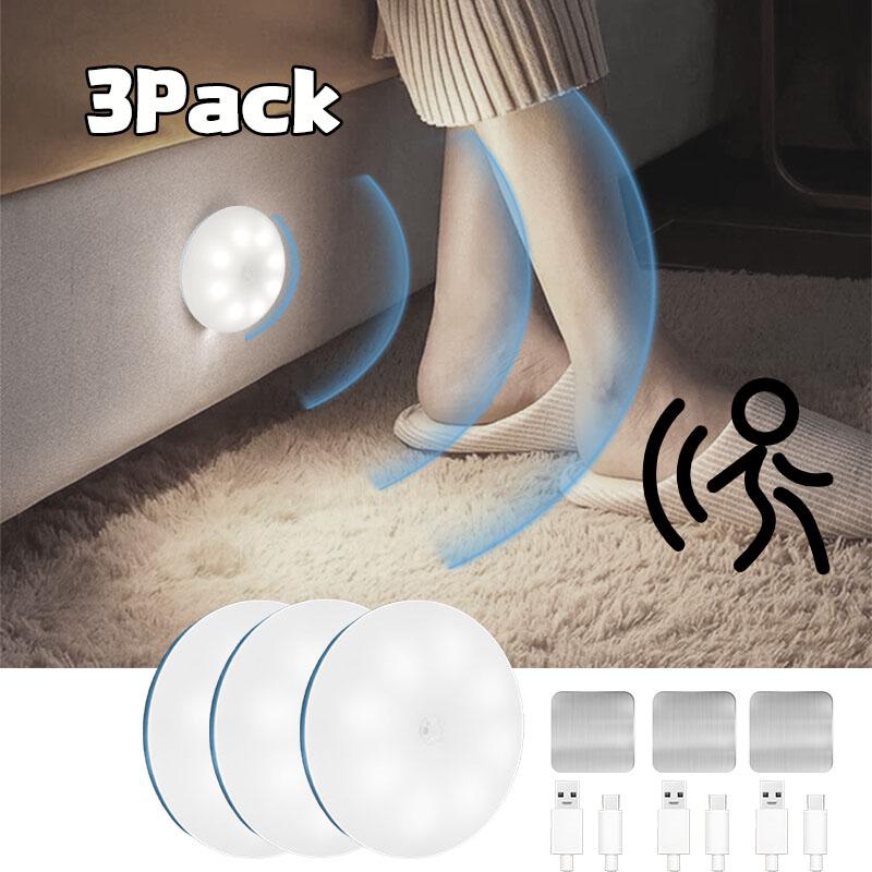 3-Piece LED Motion Sensor Rechargeable Night Light, Home Decor Lighting, Round Night Lighting, Ideal for Bedroom, Kitchen, Hallway, Closet, Bedside, Office Space