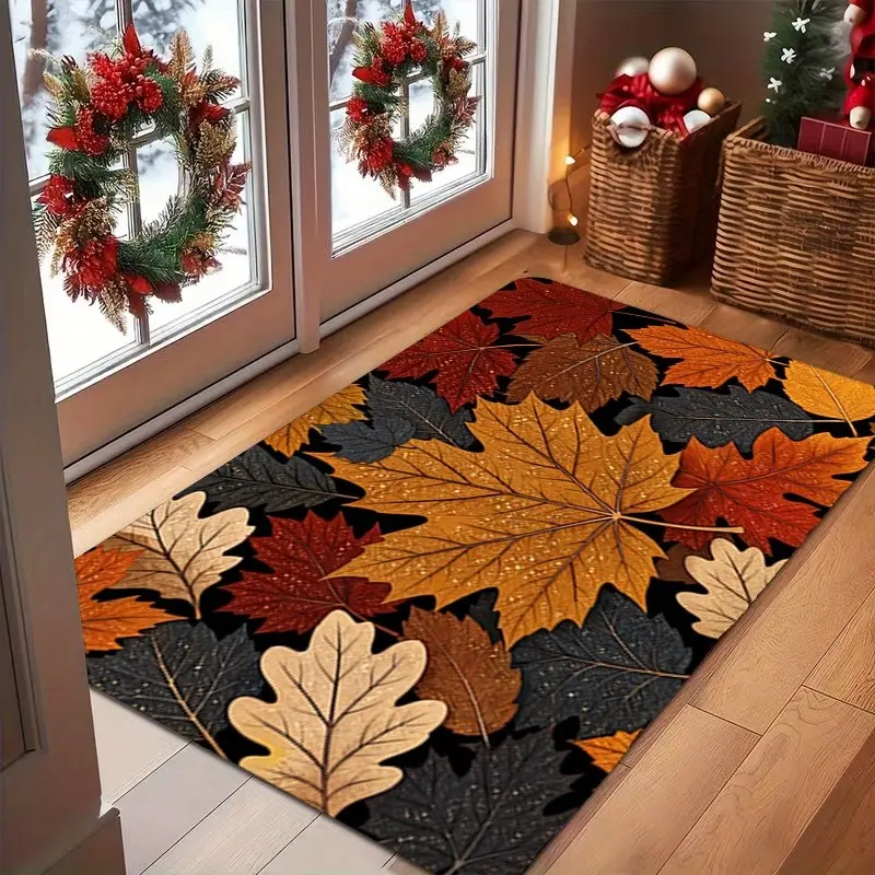 Autumn Maple Leaf Door Mat, Thanksgiving Harvest Theme Seasonal Front Door Mat, Non-Slip Washable Fall Leaf Entryway Rug, Indoor Outdoor Home Decor, Washable Floor Rug