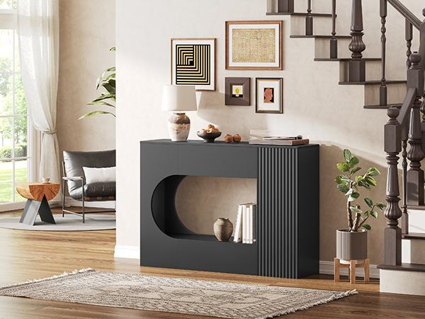MAHANCRIS 47.2'' Modern Console Table, 2-Tier Entryway Console Table with Storage, Black Sofa Table Behind Couch, Geometric Design, for Living Room, Hallway, Corridor, Black