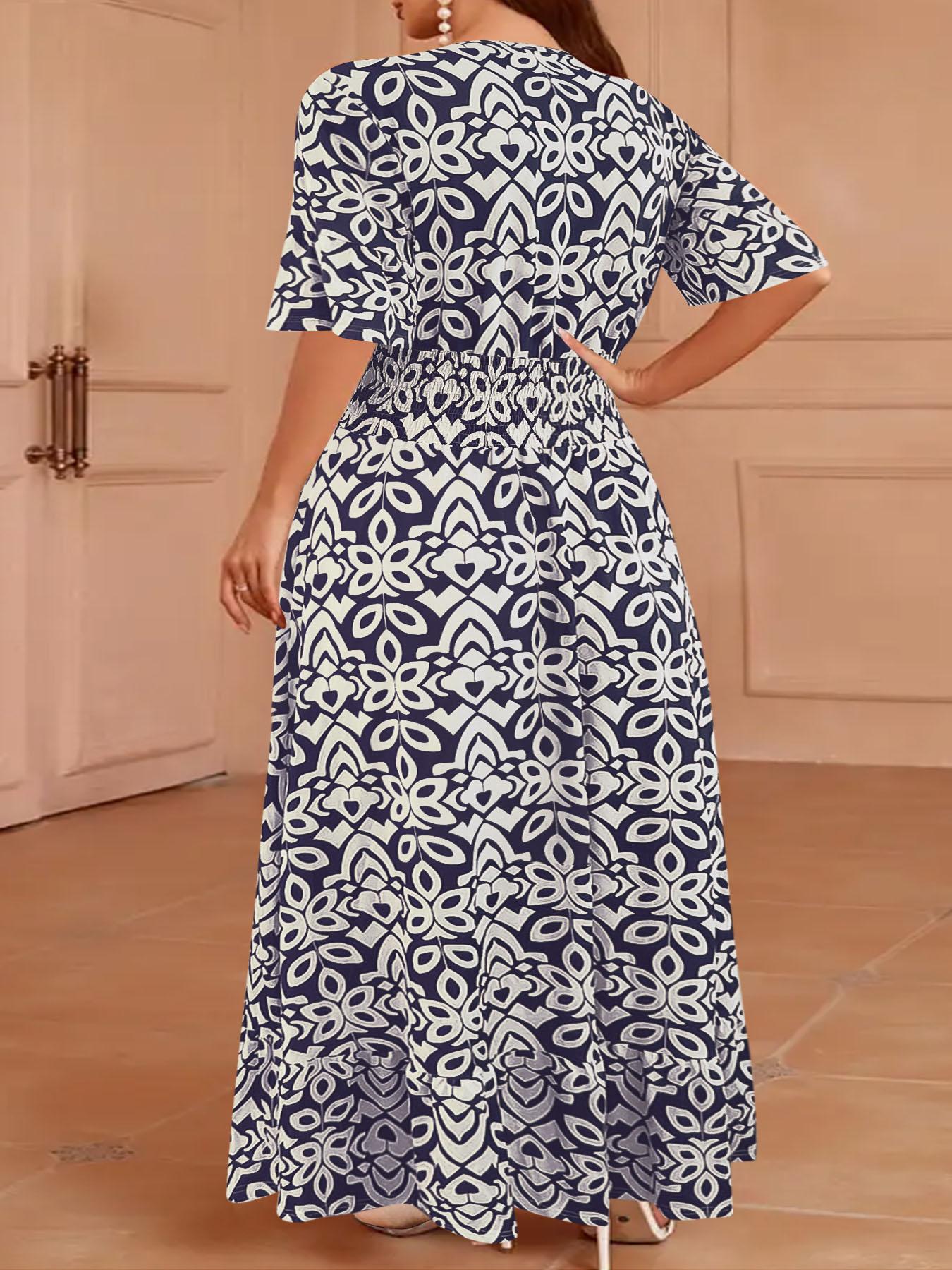 Plus Size Vintage Totem Print Dress, Half Sleeve Design, Curvy Slimming Vacation Dress