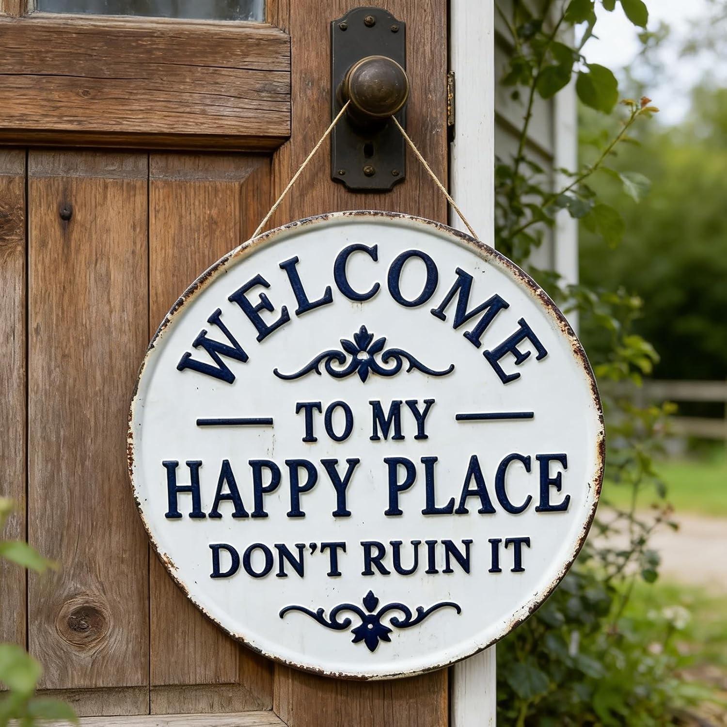 Happy Place – Vintage Statement Metal Sign,"This Is My Happy Place Don't Fuck It Up" Round Garden Wall Decor, Hanging Decorative Signs & Plaques, For Front Door Home Office Kitchen Bedroom, Yard Sign, Signage
