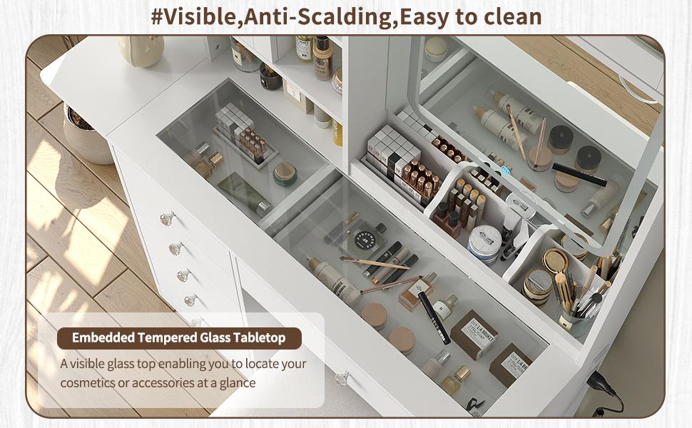 FUSOU 72‘’ Tall Multi Space Vanity Desk with Mirror and Lights, Makeup Vanity with Drawers & Storage Stool, Makeup Desk with Glass Top & Power Outlet, Dressing Table for Bedroom, White