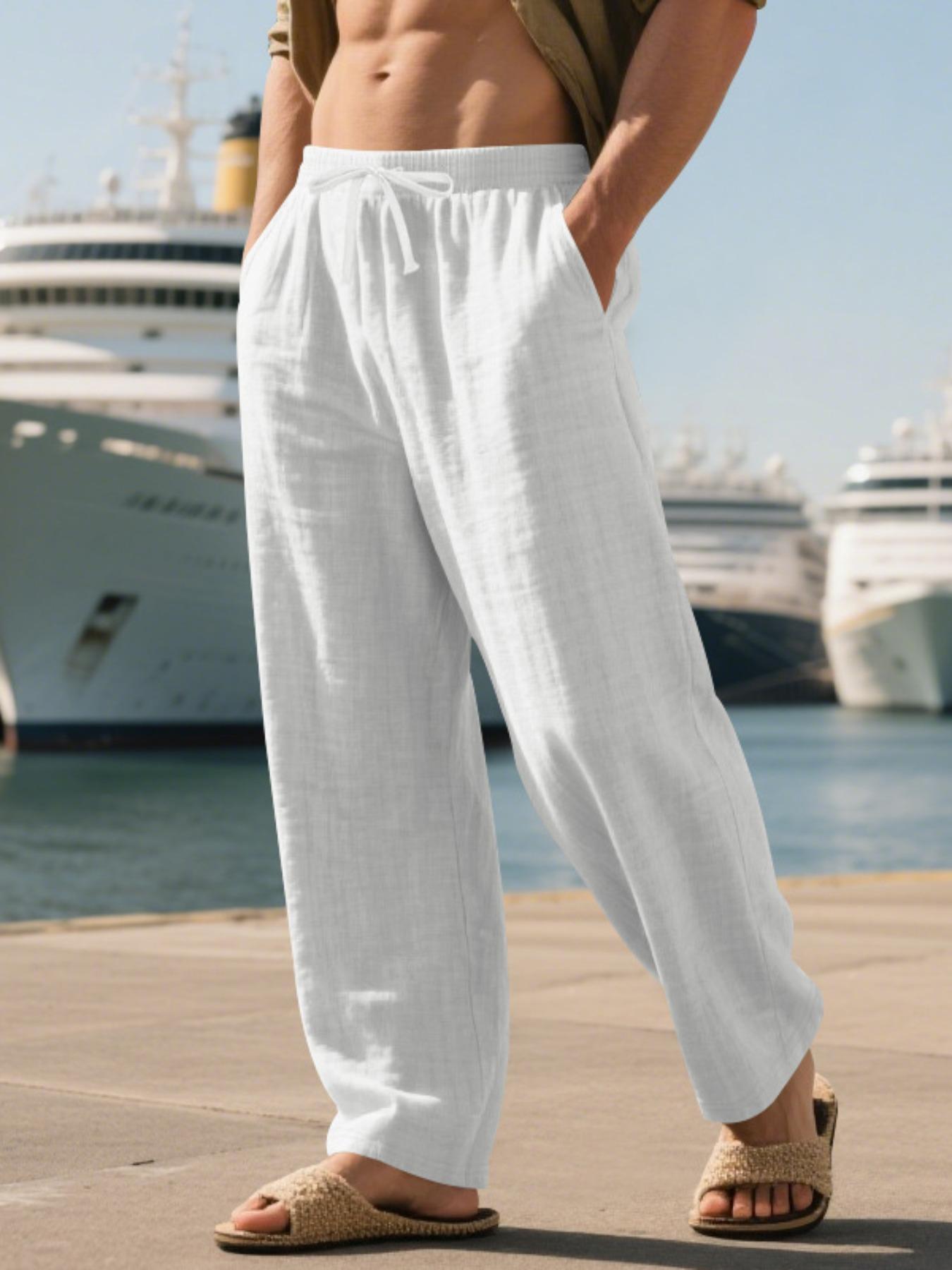 Men's summer linen long pants, in a relaxed and loose fit, suitable for daily wear, with breathable and comfortable fabric, suitable for hot weather, fashionable men's linen beach pants, trendy and simple linen straight-leg pants
