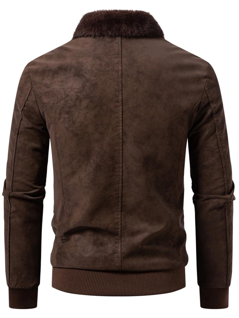 Men's Winter Velvet Jacket, Fleece Lined Thick Fur Collar, Vintage Lapel Multiple Pockets, Warm Motorcycle Coat