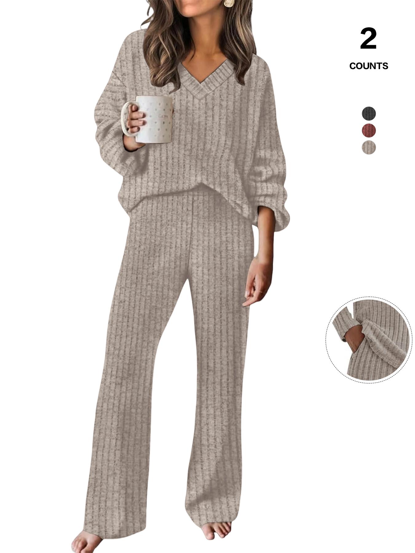 Women's Ribbed Knit 2-Piece Loungewear Set, V-Neck Oversized Long Sleeve Top, Wide-Leg Pants with Pockets, Soft Cozy Casual