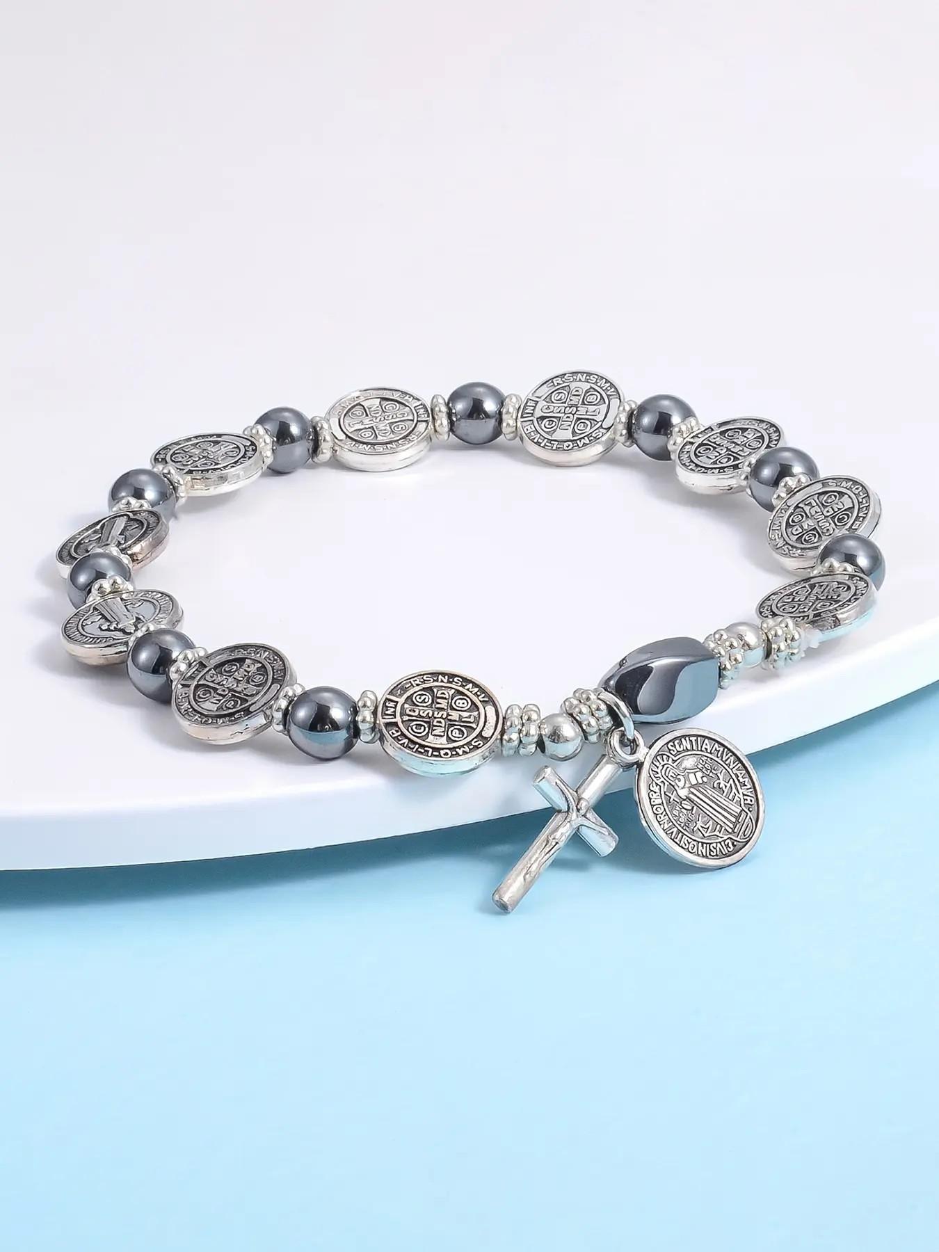 Vintage Agate Beaded Bracelet, Handmade Elastic String, Fashion Casual Unisex Jewelry, Cross Pendant Charm, High Quality Bracelet