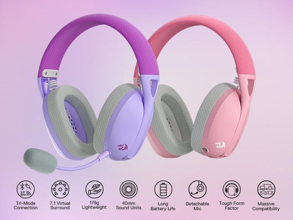 Redragon H848 BT Wireless Gaming Headset - Lightweight - 7.1 Surround Sound - 40MM Drivers - Detachable Microphone - Multi Platforms for PC, PS5/4/3, Switch, Mobile